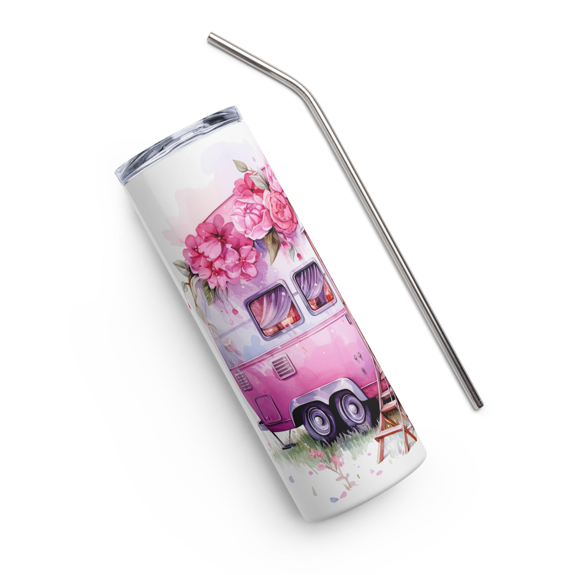 Pink Flowers Campervan - Stainless Steel Tumbler